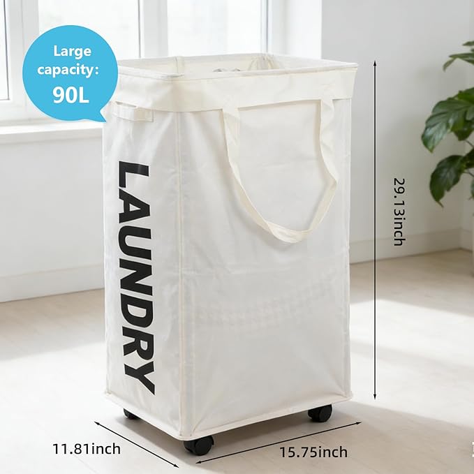 90L Laundry Basket with Wheels, Laundry Hamper with Removable Wash Bag, Rolling Clothes Hamper, Foldable Dirty Clothes Basket on wheels for Bedroom, Dorm, Laundry Room, White