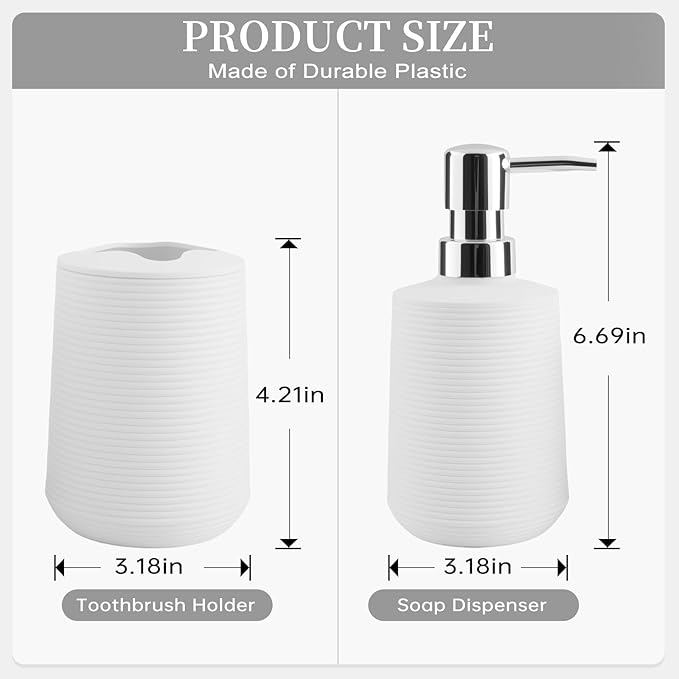 Bathroom Accessories Set 2 Piece, Matte White Bathroom Accessories with Soap Dispenser and Toothbrush Holder, Striped Pattern Bathroom Set for Modern Bathroom Decor