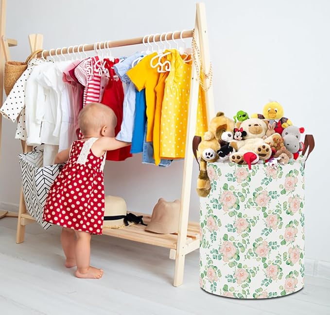 19.7" Laundry Basket,Kids Dirty Clothes Hamper,Waterproof Toys Storage Bin,Room Decor,Gift Baskets,Nursery Hamper(Watercolor Rose)