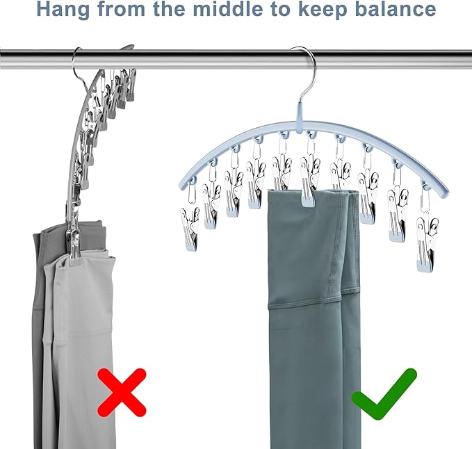 Legging Organizer for Closet, Metal Yoga Pants Hanger w/Rubber Coated 2 Pack w/10 Clips Hold 20 Leggings, Hangers Space Saving Hanging Closet Organizer for Closet Organizers and Storage, Blue