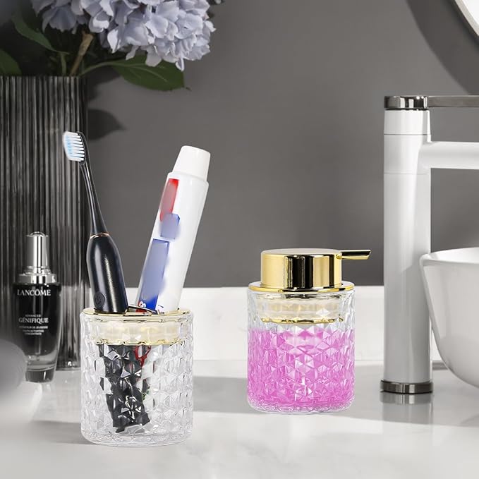 Clear Bathroom Accessories Set, 2pcs Glass Bathroom Accessory Set with Foam Soap Dispenser and Toothbrush Holder, Gold Foaming Soap Dispenser and Tooth Brush Holder for Brushes, Toothpaste
