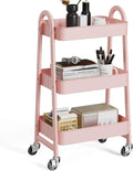 OLIXIS 3 Tier Utility Rolling Cart, Metal Mobile Storage Shelf with Lockable Caster Wheels, Organization for Livingroom, Bathroom & Narrow Places, Pink