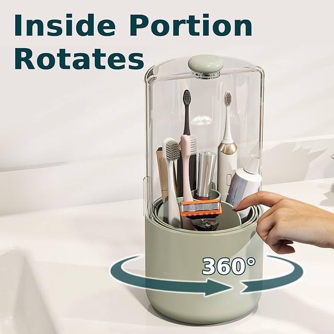 YOOLENS Toothbrush Holder with Cover 360 Rotating 4 Compartments Bathroom Toothpaste Electric Toothbrush Organizer, Light Green