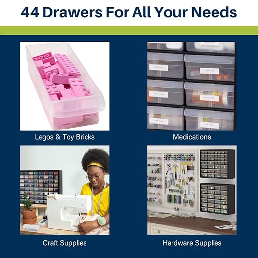 Akro-Mils 44-Drawer Plastic Drawer Storage Cabinet for Garage Organization, Bead Organizer, Building Bricks Storage, Teacher Toolbox, Makeup Organizer, 20-Inch W x 6-Inch D x 16-Inch H, 10144 White
