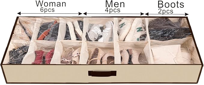 Men/Adults 12 Cells See Through Underbed Shoe Storage Bag Organizer with black and white flower (beige)