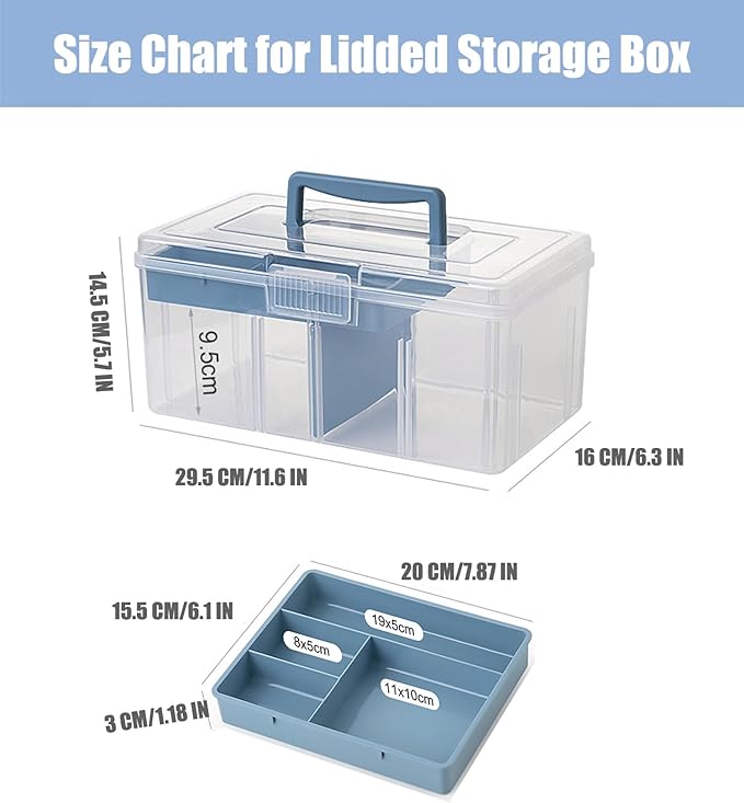 FOREVERIE Clear Plastic Arts & Craft Supplies Organizer Box Large with a Removable Tray & A Partition & Handle, Office Home School Desktop Stationery Storage Box, Medicine Box (Clear & Ocean Blue)