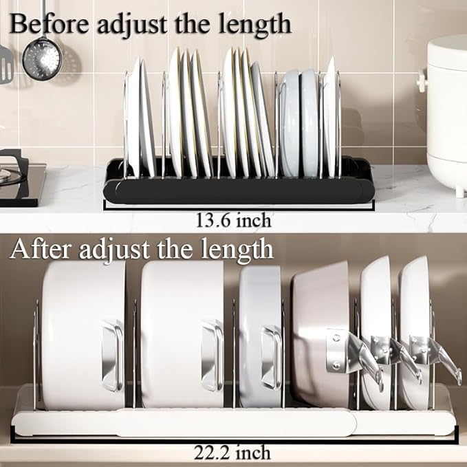 Pot Rack : Pots and Pans Organizer Under Cabinet 7 Adjustable Compartment Expandable Pot Lid Holder for Kitchen Cookware, Bakeware, Lid, Dishes, Cutting Boards,Black 2PCS