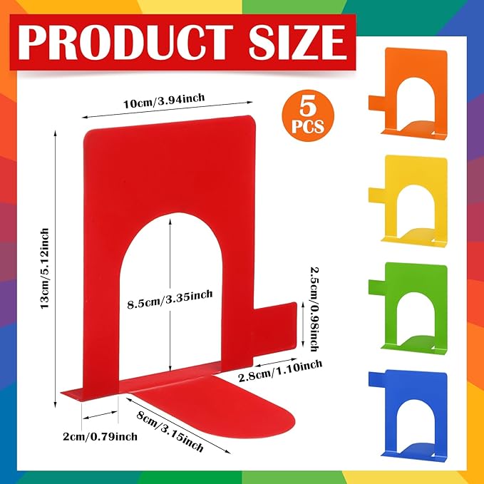 5 Set Metal Book Ends for Shelves Rainbow Book Shelf Dividers Library Shelf Marker Bookends Stopper Colorful Office Stand Holder for Heavy Books Desk Home Movies Kitchen Cds