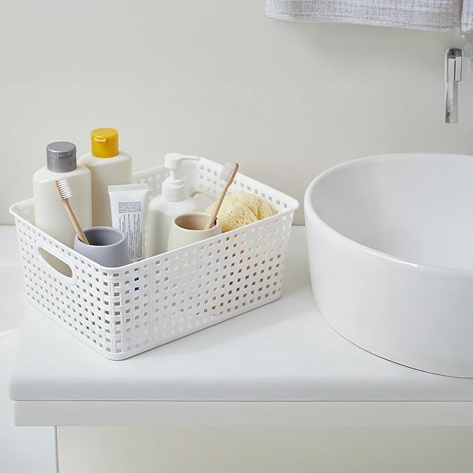 Pack of 4 Plastic Storage Basket,White Desktop File Paper Letter Organizer Tray,Plastic Baskets for Organizing（11.4"X9"X4.7" ）
