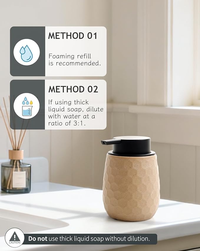 Foaming Soap Dispenser, 12OZ Ceramic Foam Hand Soap Dispenser with Honeycomb Design for Kitchen or Bathroom, Khaki Refillable Dish Lotion Dispenser, ANTIS'S HOME