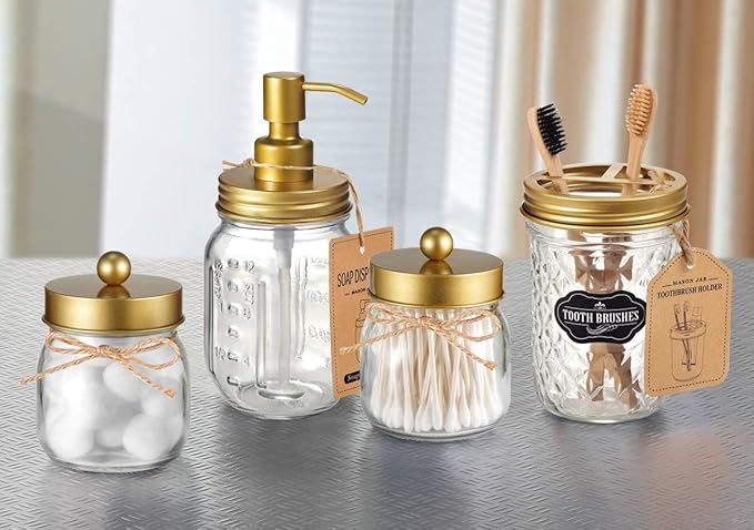Amolliar Mason Jar Liquid Soap Dispenser -Rustproof Stainless Steel Farmhouse Decor for Bathroom Vanities,Kitchen Sink/ Liquid Soap Pumps for Hand Soap,Dish Soap,Lotions/Golden -2 Pack