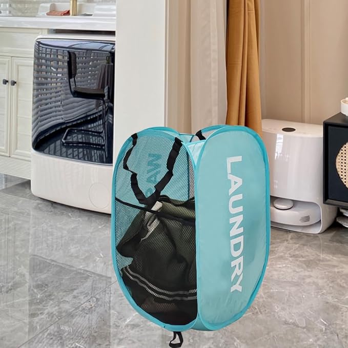 Collapsible Laundry Hamper 2 pack Mesh Pop Up Laundry Hamper with Handles, Foldable Laundry Basket for Bedroom, College Dorm, RV, Travel (Pink + Sky Blue)