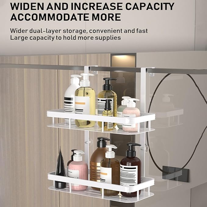 Over Door Shower Caddy, White Rustproof Bathroom Organizer, 2-Tier Storage Rack, 11.81x5.31 Inch Shelves, No Drilling Required