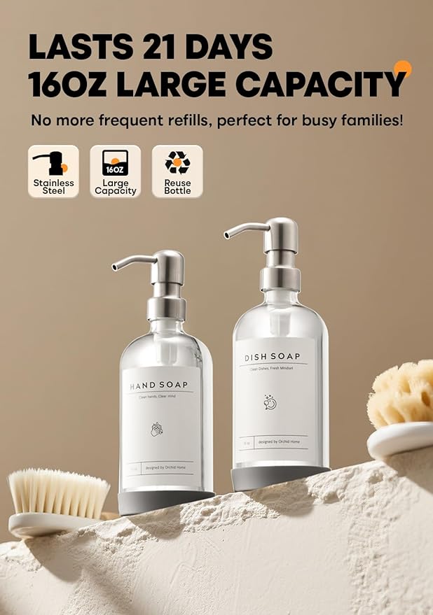 Kitchen Soap Dispenser Set with Drying Tray – 16oz Glass Bottles with Stainless Steel Pumps, Sink Organizer Caddy with Brush Holder & Non-Slip Feet – All-in-One Dish & Hand Soap Station