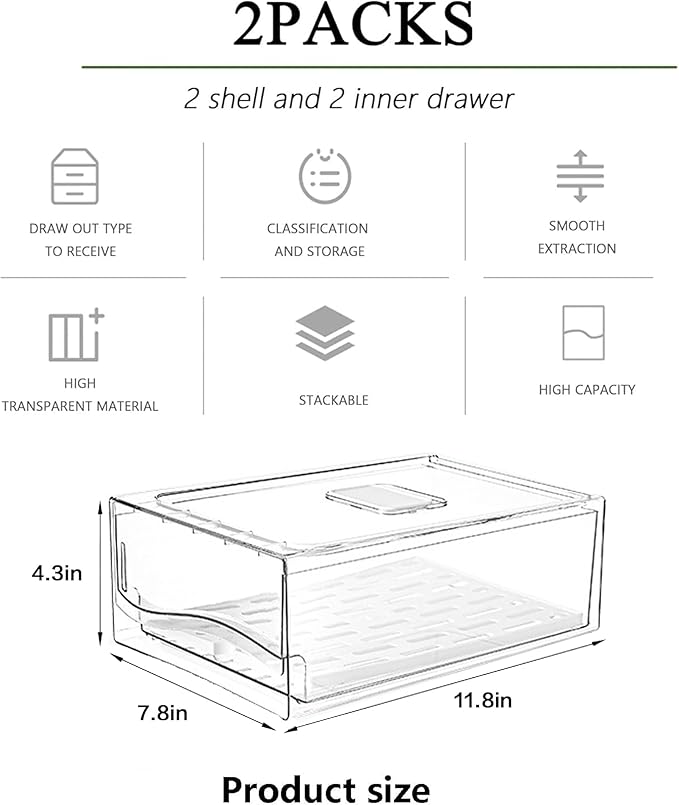 bealy 2 Pack Large Capacity Refrigerator Organizer and Storage, Fruit Storage Containers,Stackable Storage Containers for Drinks, Meat,Vegetable,Produce,Kitchen, Barbecue Shop, Restaurant, BPA-Free