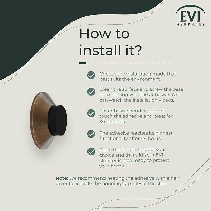 Evi Hardware | Adhesive Door Stop | Wall Mounting | 1.37x0.59” | Brass Leather | Conical Shape | Two Rubbers Included | Installation with Adhesive or Screw