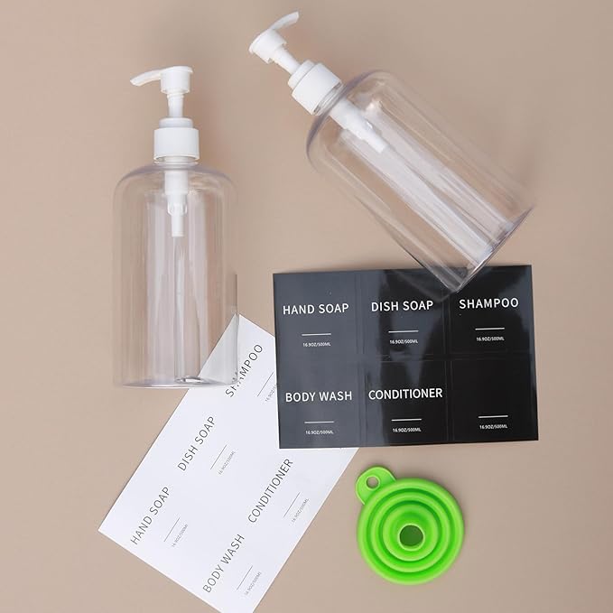 Soap Dispenser with Waterproof Labels, Thickened Plastic Hand Soap Dispenser for Bathroom, Kitchen Dish Washing Liquid Bottles, Shampoo and Conditioner Bottles (16.9 oz, Set of 2, Clear)
