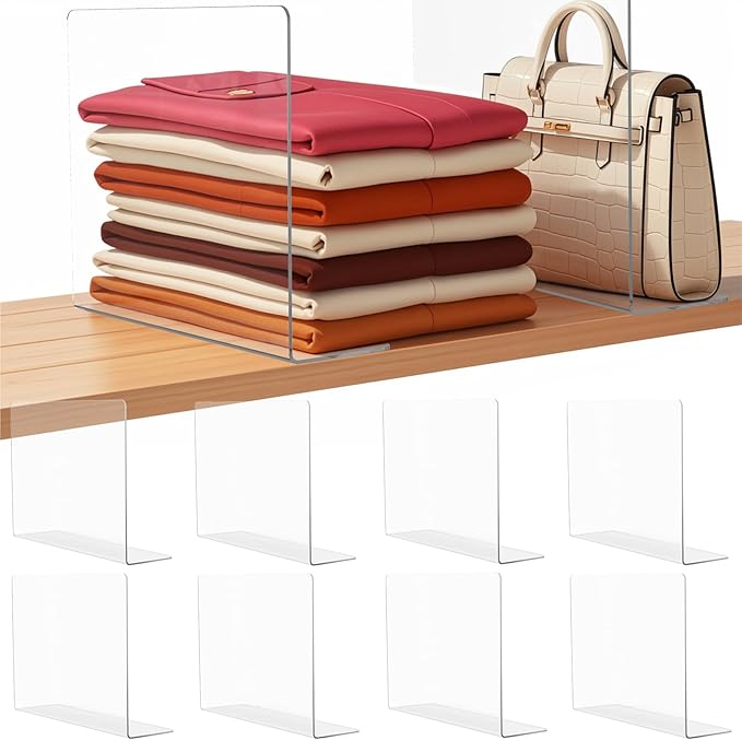 Lebouri Shelf Dividers for Closet Organization: 12" Tall x 12" Deep Acrylic Shelf Dividers for Clothes Sweater Purse - Clear Closet Organizers and Storage Separators for Shelves, 8Pack