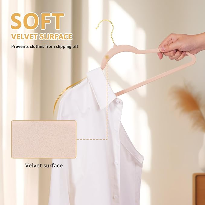 Velvet Hangers 60 Pack Heavy Duty - Slim, Non-Slip, Space Saving Hangers with 360° Swivel Gold Hook for Suit, Pants, Coats, Shirts & More - Pink