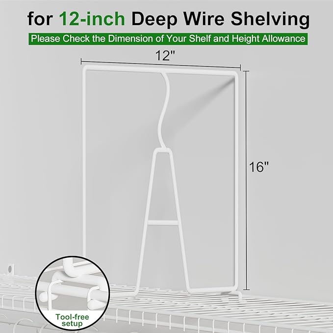 Wire Shelf Dividers for Closet: 16-inch Tall 12-inch Deep 6 Pack Wire Rack Accessories - Adjustable Purse Organizer for Sweaters Clothes Towels- Metal Linen Closet Pantry Separators