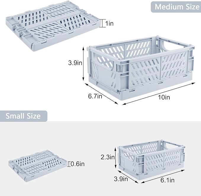 Plastic Storage Baskets for Desk Organizing, Office Drawer Organizer, 2 Medium+2 Small Durable Folding Storage Crate for Home Kitchen Classroom Office Bedroom and Bathroom Storage (Blue)