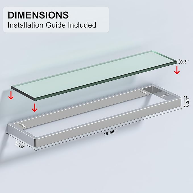 SFGSOWOR 20IN Bathroom Shelves/Shelf Glass Wall Mount Floating Shelves for Bathroom Tempered Glass Rectangular 1 Tier Organizer Wall Shelf (Chrome Polished, 20'')