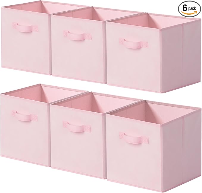 Cupic Cupid 11x11 Storage Cubes, 6 Pack Open Storage Bins with Handles, Storage Cube Organizer for Clothes and Toys, Collapsible Cube Bins for Closet, Shelves, Offices, Pink