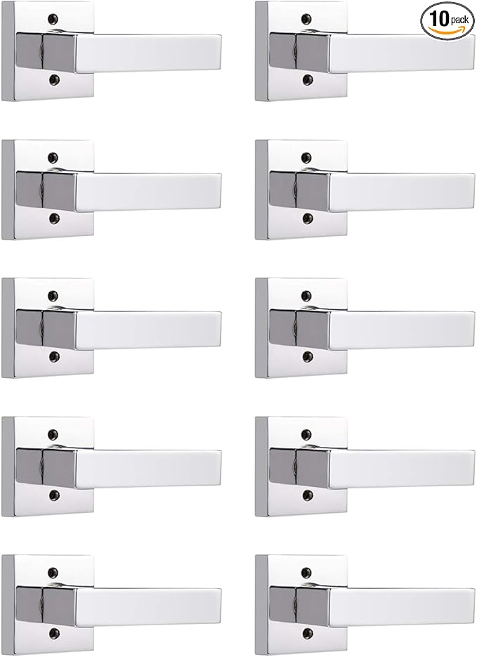 Probrico Decorative Inactive Dummy Lever [Exposed Screws] Polished Chrome Square Door Handles for Interior Hall Closets or Pantry Doors-Heavy Duty,10 Pack