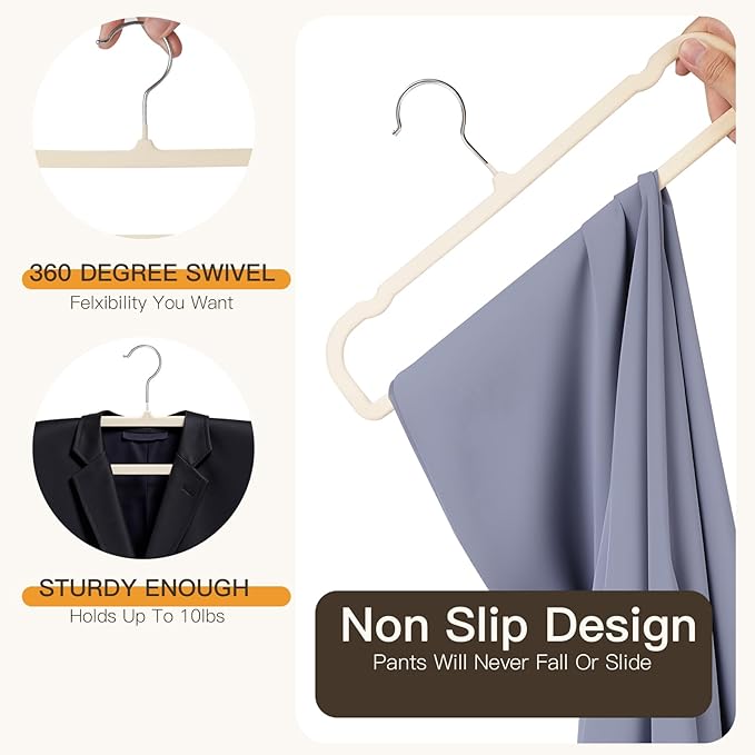 Pants Hangers 30 Pack Velvet Pant Hangers,Heavy Duty Velvet Hangers for Pants,Jeans,Scarf,Towels,Tank Top,Coat.Closet Organizers and Storage（Beige）