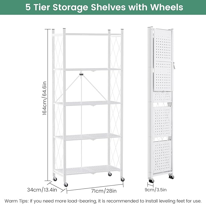 ALANNG 5 Tier Storage Shelves on Wheels, No Assembly Metal Folding Shelf Heavy Duty, White | Colorful | Rolling | Collapsible | Rack Unit | for Living Room Office | 13.4" D x 28" W x 64.6" H