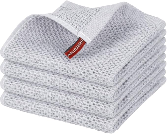Nialnant 100% Cotton Dish Cloths for Washing Dishes, 4 Pack Waffle Weave Dish Towels,Super Soft Absorbent Cleaning Rags-Light Grey,12x12 Inch