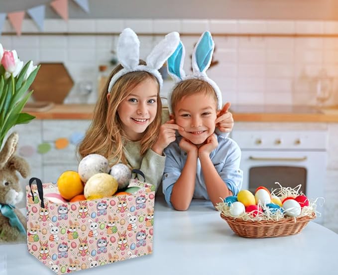 Sanjiaofeng Rectangular Easter Basket Eggs Storage Bins,Cute Storage Basket with Handles.Clothers,Books,Kid's Gifts Bins. (Pink eggs)