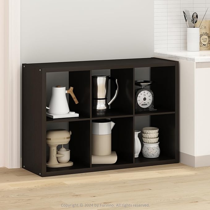 Furinno HERMITE Kitchen Island, 6-Cube Coffee Bar, Extra Thick Kitchen Storage, Bakers Rack, for Pantry Organizers and Storage, Kitchen Organization, Black Dark Oak