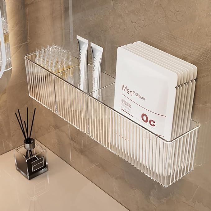 2Pack Floating Bathroom Shelves,Wall Mount Organizer,Long Narrow Clear Cabinet Door Organizer, Acrylic Shelves for Wall,No Drilling, Come With Self Adhesive Tape, for Kitchen, Office Desk