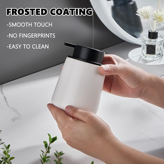 12Oz White Soap Dispenser Set - Ceramic Lotion Hand Soap Dispenser Set with Easy-to-Press Black Pump, Refillable Mordern Liquid Dish Soap Dispensers for Bathroom & Kitchen, 2 Pack