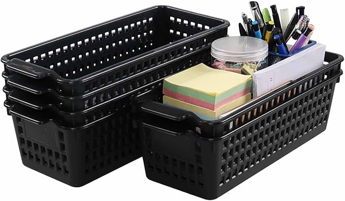 Bringer 6-Pack Slim Plastic Storage Baskets, Black Plastic Rectangle Storage Baskets