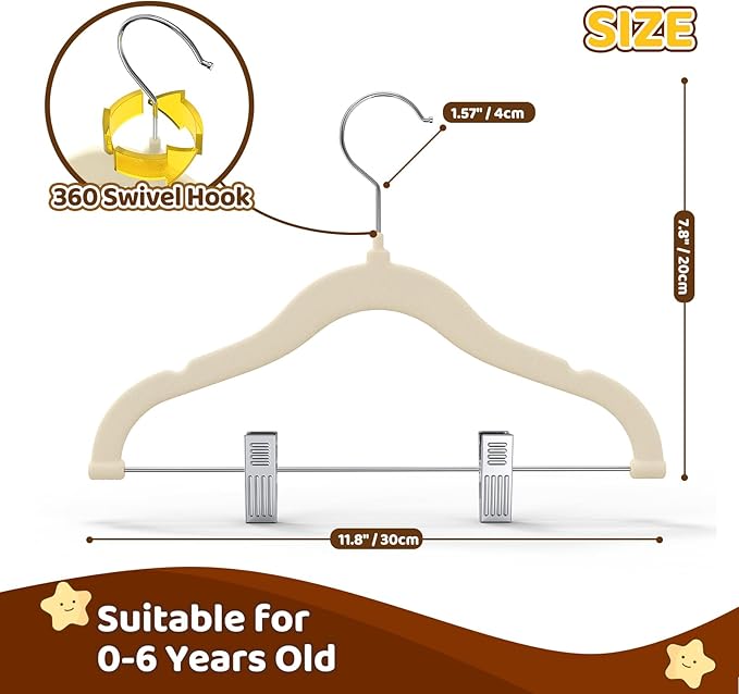 Flottian 36-Pack Baby and Kids Velvet Hangers with Clips, Non Slip and Space-Saving Kids Pants Hangers for Baby/Toddler Pants, Skirts, Coats, Beige