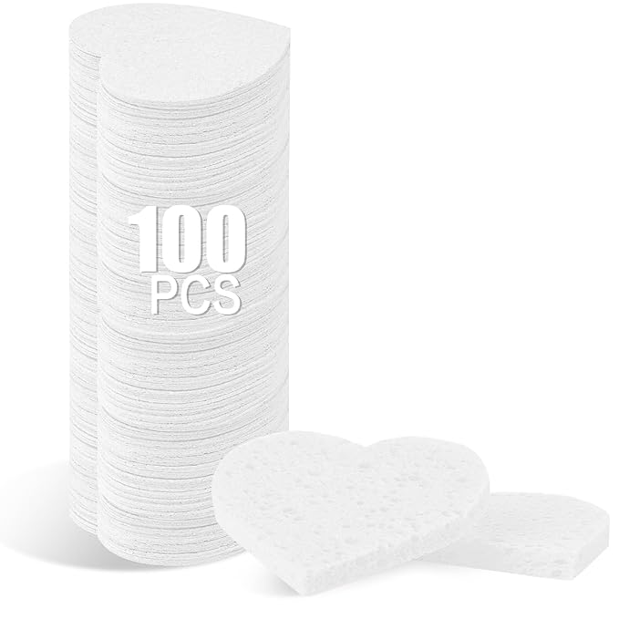 100-Count Compressed Facial Sponges for Estheticians Heart Shape Natural Cellulose Sponge Professional Cosmetic Spa Sponges for Face Cleansing, Massage, Pore Exfoliating, Mask, Makeup Removal, White