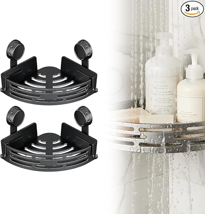 Triangle Suction Cup Corner Shelves No Drilling Bathroom Storage Rack, 2026 New Corner Shower Shelf Suction Cup Shower Caddy Corners Organizer Storage Rack Adhesive with Towel Bar (Black double-layer)
