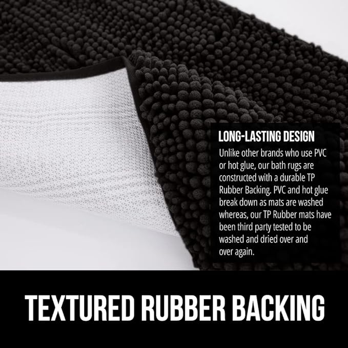 GORILLA GRIP Bath Rug Mat 30x20, Thick Soft Absorbent Chenille, Quick Dry Microfiber Mats, Rubber Backing Washable Shower Floor Rugs, US Designed Bathroom Bathmat Home Decor Accessories, Black