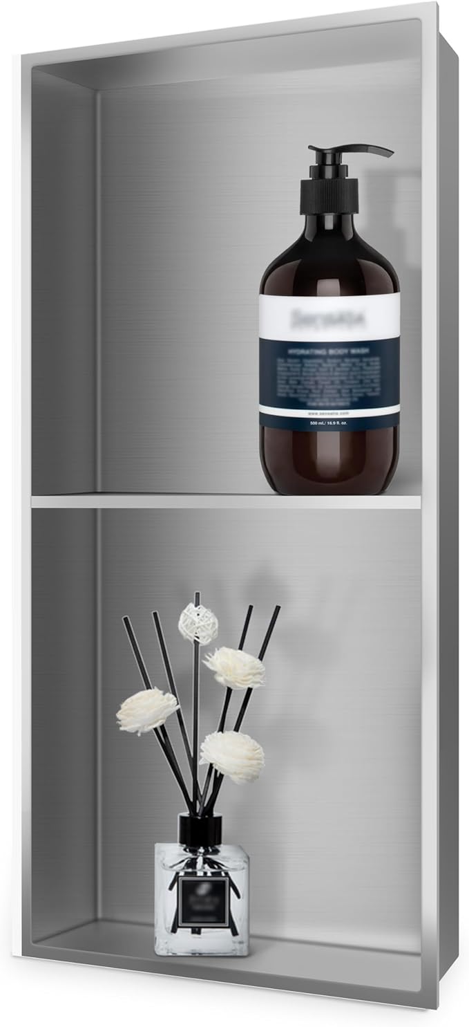 BATHFINESSE Niche for Shower Wall 12" X 24" Double Shelves, Niche Recessed Shower Shelf for Bathroom Storage, No Tile Needed Over Mount Installation, Brushed Nickel