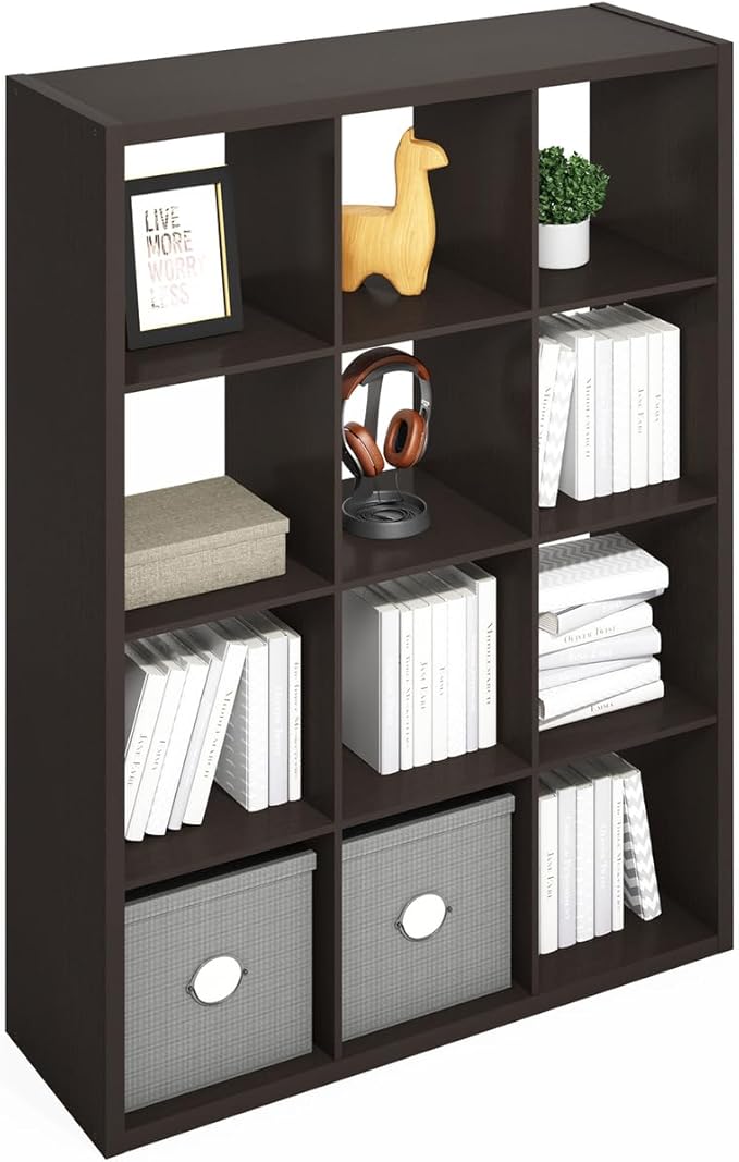 Furinno Simple Cube Storage Organizer, 12-Cube Display Shelf, Open Back Shelving Unit, Storage Shelves, Extra Thick Frame, for Organization and Storage, Living Room, Home Office, Dark Oak