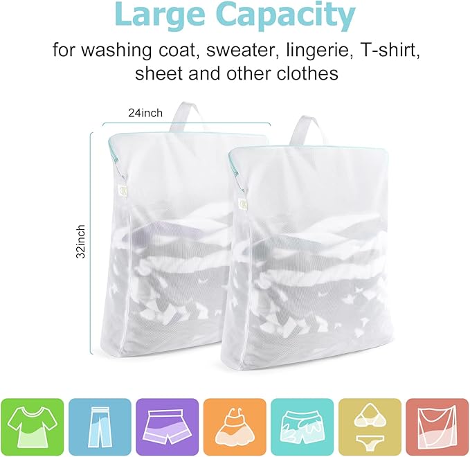 OTraki Large Mesh Laundry Bags 24x32 inch Hanging Delicates Mesh Laundry Bag with Handles Lingerie Bags Washing Machine Bag Zipper Opening,Don't Drying, Melting 140-176℉,White