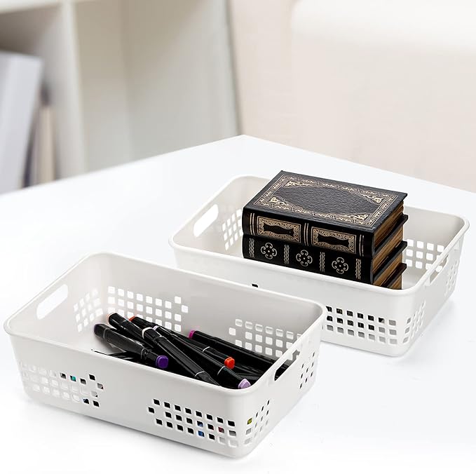 Jucoan 6 Pack White Plastic Storage Baskets, 12 X 8 X 4 Inch Large Plastic Storage Organizer Tray Bin with Handles for Classroom, Drawer, Closet, Bathroom Kitchen