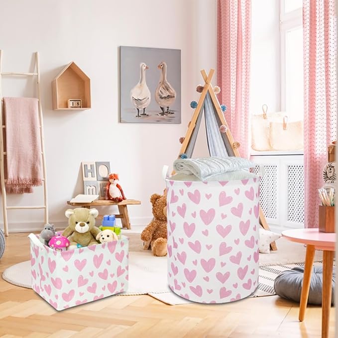 Rectangular Pink Heart Fabric Storage Basket, Books Box, Lovely Storage Trunk, Room Decor, Gift Basket(Pink Heart)