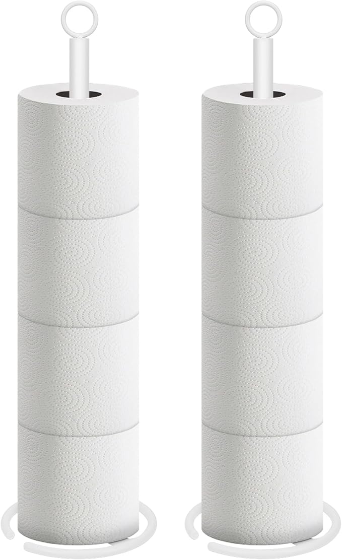 NearMoon Bath Toilet Paper Holder Stand, Freestanding Tissue Paper Storage with Reserve, Space Toilet 4 Rolls Holder for Bathroom/Kitchen Countertop-All Metal (2 Pack, White)