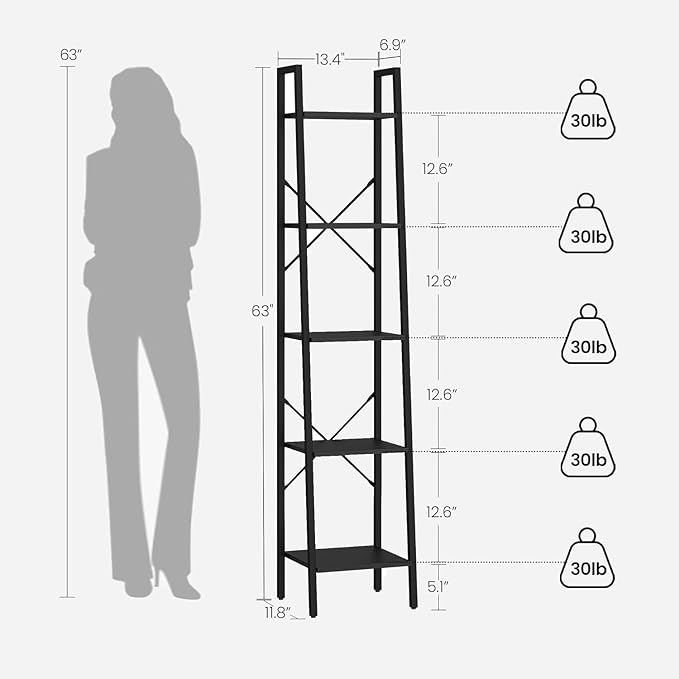 Ladder Shelf, Bookshelf Bookcase, Freestanding Corner Storage Shelve with 2 Hooks for Home Office, Living Room, Kitchen, Bedroom, Industrial, 11.8" D x 13.4" W x 63" H, Black BC03204B