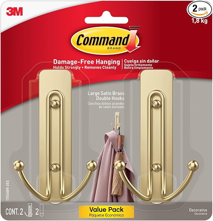 Command Large Satin Brass Double Hooks, 2 Coat Hooks and 2 Strips, Damage-Free Hanging with Adhesive, Great for Hanging Christmas Decorations, Holds up to 4 lb