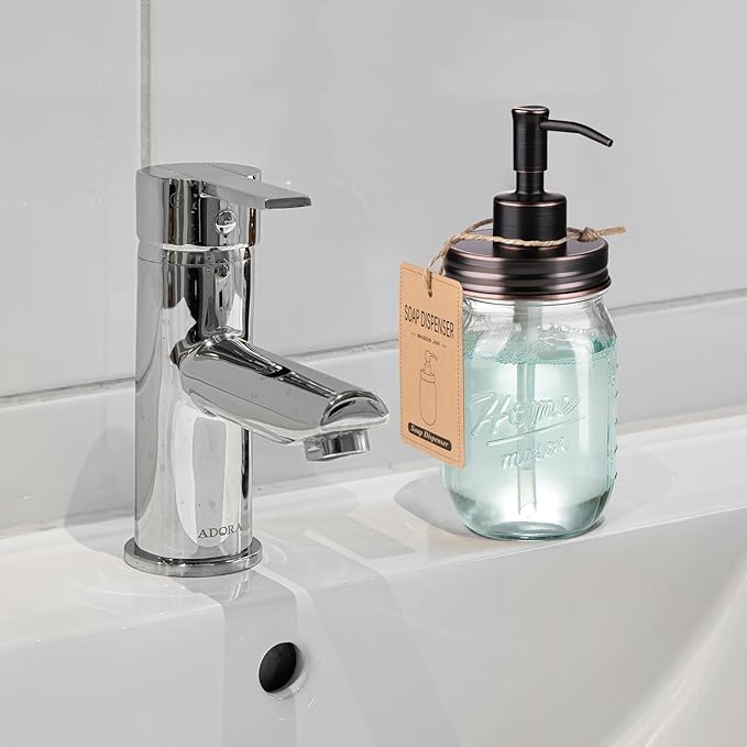 SheeChung 16 Oz Mason Jar Liquid Soap Dispenser, Glass Hand Soap Dispenser, Stainless Steel Pump Lid, Refillable Lotion Dispensers for Bathroom Countertop Kitchen (2, Oil Rubbed Bronze)