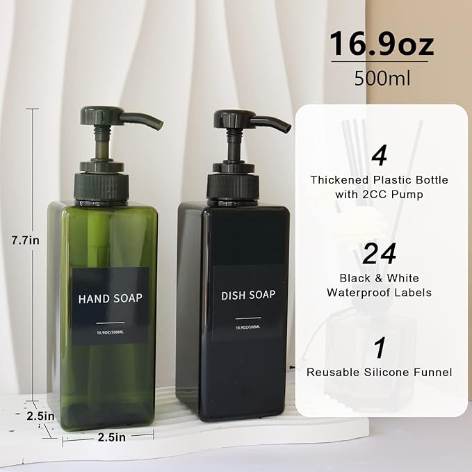 Soap Dispenser with Waterproof Labels, Thickened Plastic Hand Soap Dispenser for Bathroom, Kitchen Dish Washing Liquid Bottles, Shampoo and Conditioner Bottles with Funnel (16oz 4Pack Black Clear)